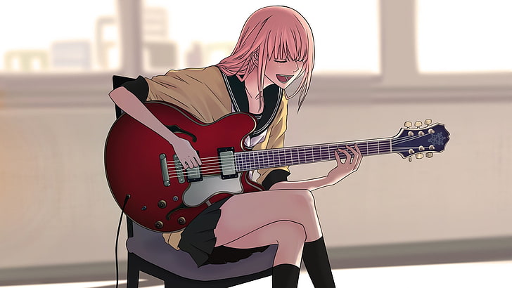 woman's playing guitar illustration, Vocaloid, music, Megurine Luka, HD wallpaper