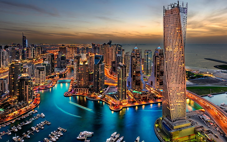 cityscape digital wallpaper, Dubai, city lights, boat, harbor, HD wallpaper