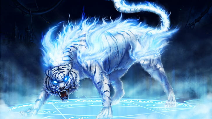Were-tiger, werewolf, cyber, snow, 3d and abstract