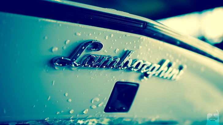 chrome Lamborghini emblem, logo, water drops, car, vehicle, no people