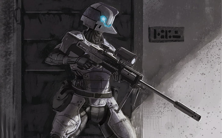 person holding sniper rifle illustration, robot, futuristic, science fiction, HD wallpaper