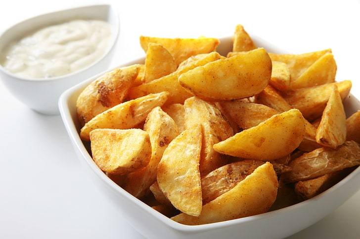 fried potato, potatoes, salt, prepared potato, bowl, ready-to-eat, HD wallpaper