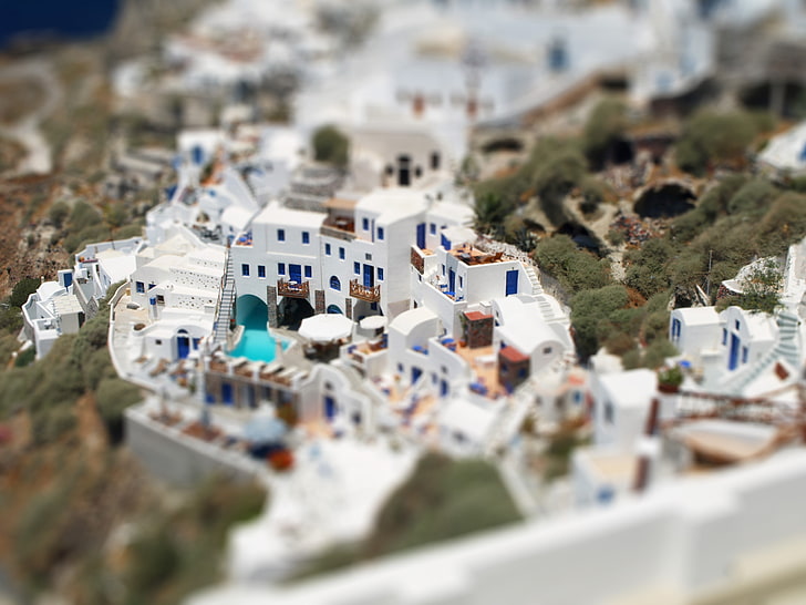 Santorini, Greece scale model, tilt shift, building, Architecture models, HD wallpaper