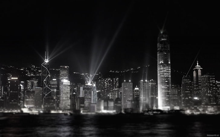 black and white building painting, monochrome, cityscape, Hong Kong, HD wallpaper