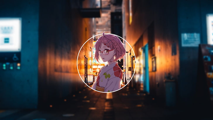 pink haired female animated character, anime, blurred, picture-in-picture, HD wallpaper
