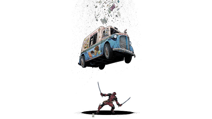 gray and blue truck, Deadpool, comic art, ice cream, Marvel Comics