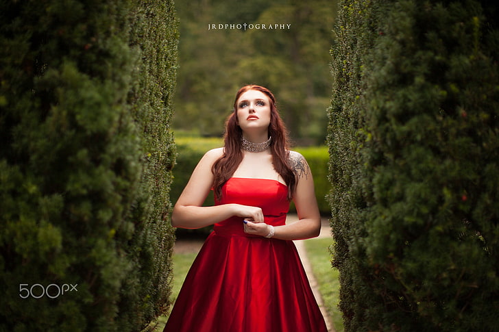 JRD Photography, dress, red dress, park, redhead, fantasy girl, HD wallpaper