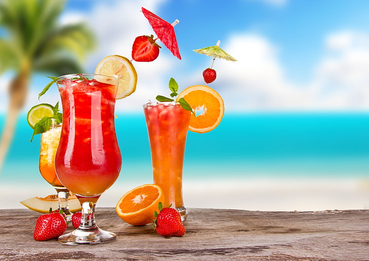 sea, beach, cocktail, summer, fruit, fresh, paradise, drink, HD wallpaper