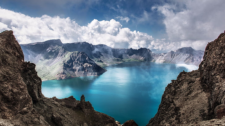 sky, peak, ridge, changbai, crater lake, baishan, mountain range, HD wallpaper