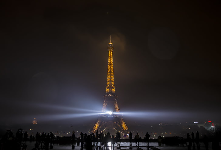 Eiffel Tower, Paris, night, spotlights, France, dark, cityscape, HD wallpaper