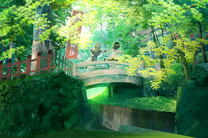 two anime characters wallpaper, nature, bridge, plant, tree, built structure