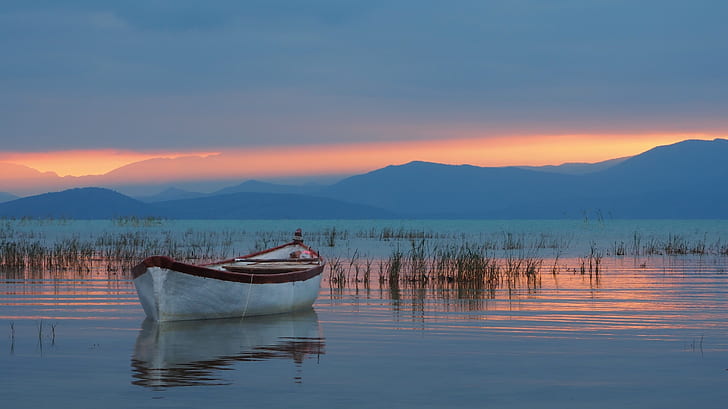 mountains, lake, boat, Turkey, Lake Beysehir, Taurus Mountains, HD wallpaper