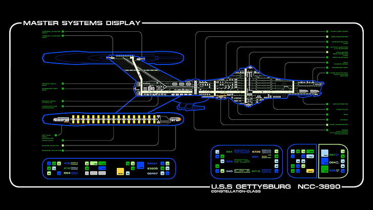 master system display screenshot, Star Trek, spaceship, LCARS