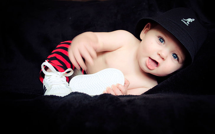 Baby And Black Background, baby's black bucket hat, cute, child