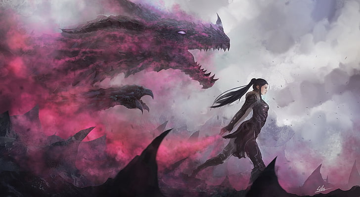 woman standing in front of dragon illustration, fantasy art, fantasy girl