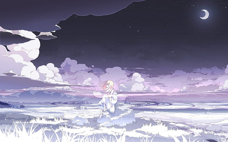 anime girls, night, Moon, clouds, white dress, stars, sky, beauty in nature, HD wallpaper