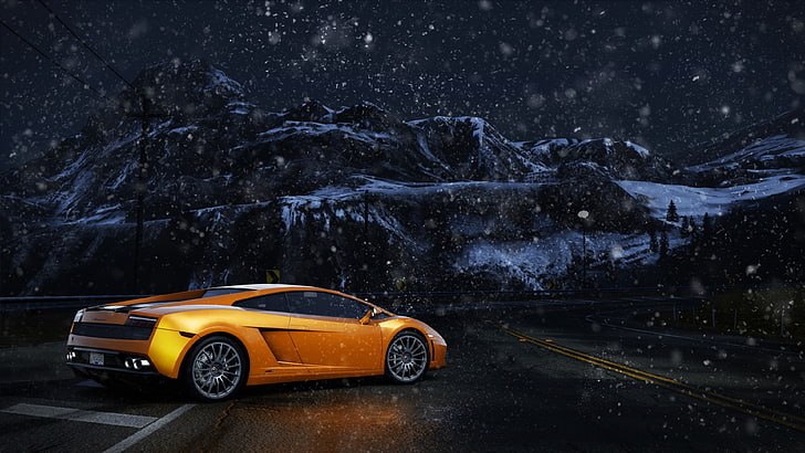 orange coupe, mountains, night, Lamborghini, Gallardo, NFS, snowfall