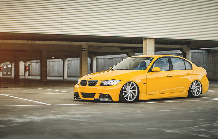 yellow BMW sedan, Parking, suspension, 3 series, E90, transportation
