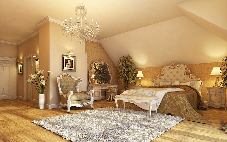brown bedroom furniture set, light, lamp, interior, chair, mirror, HD wallpaper