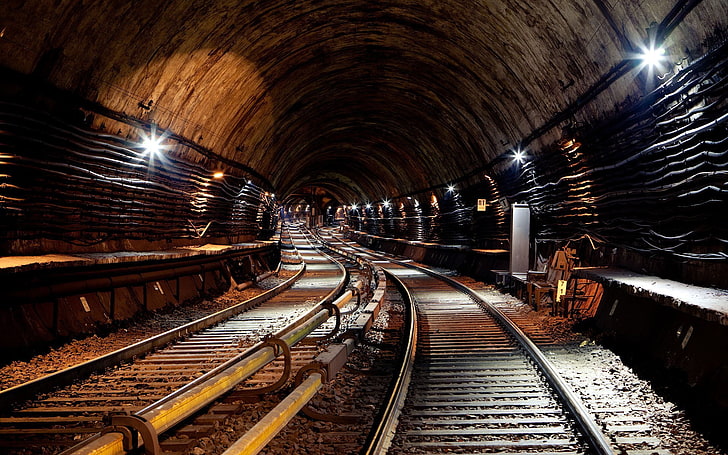gray metal railway, subway, HDR, tunnel, gravel, underground