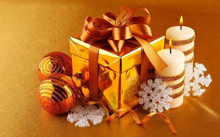 Christmas, New Year, presents, Christmas ornaments, ribbon, HD wallpaper