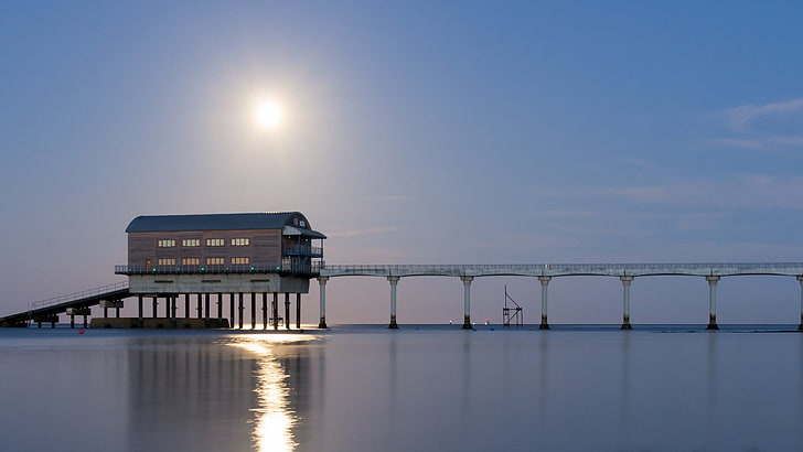 white bridge, pier, sea, sky, water, built structure, architecture