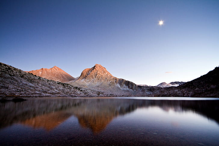 calm water across mountains during daytime, Sapphire, Twilight