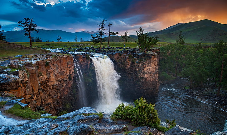waterfalls landscape photo, the sky, clouds, trees, sunset, mountains