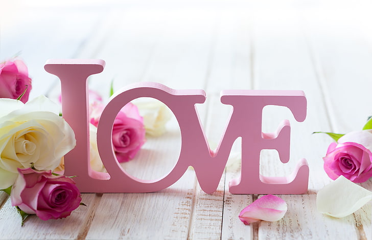 pink love marquee letter decors, flowers, roses, valentine's day, HD wallpaper