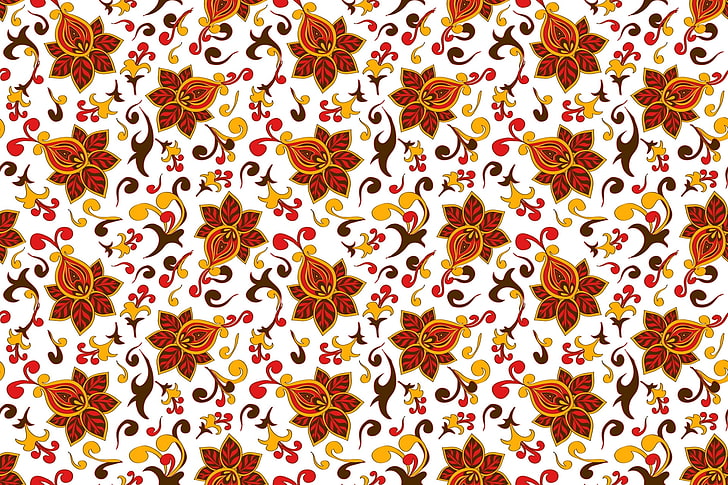 white, brown, and yellow floral wallpaper, patterns, flowers, HD wallpaper