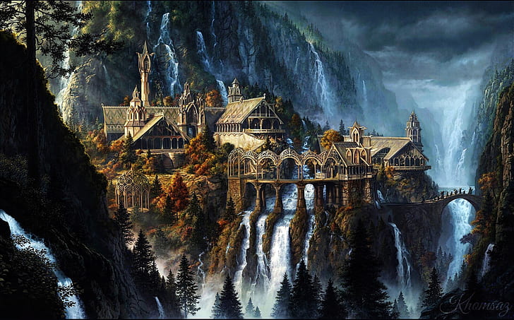 Rivendell, The Lord of the Rings, fantasy art, waterfall, artwork, HD wallpaper