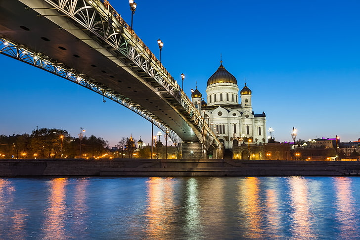 bridge, water, river, trees, cityscape, lights, cathedral, reflection