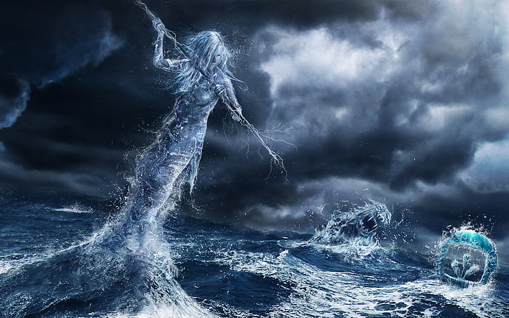 water god digital wallpaper, sea, girl, clouds, storm, monster