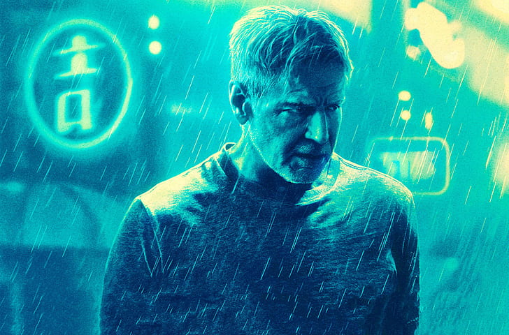 Blade Runner 2049, Harrison Ford, movies, men, rain, neon, Rick Deckard, HD wallpaper