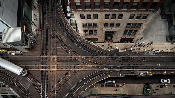 Chicago, aerial view, train, vehicle, city, traffic, building