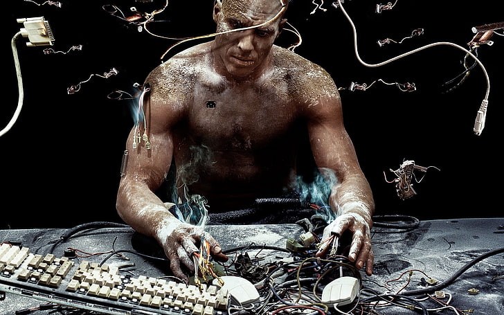 man holding wires illustration, hacker, computer, explosion, master