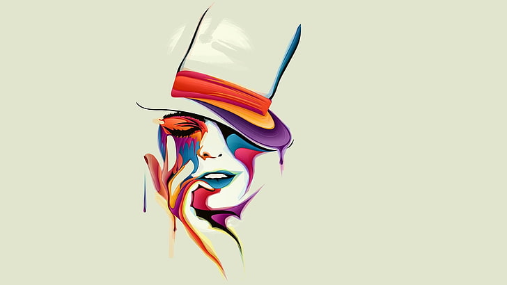 colorful, women, digital art, face, drawing, hat, painting
