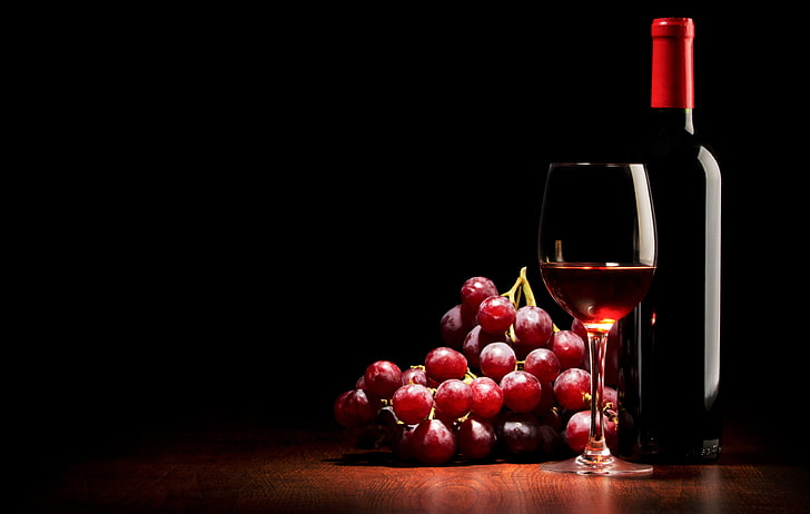 grapes, wine, red, glass, bottle, black background, alcohol, drink, HD wallpaper