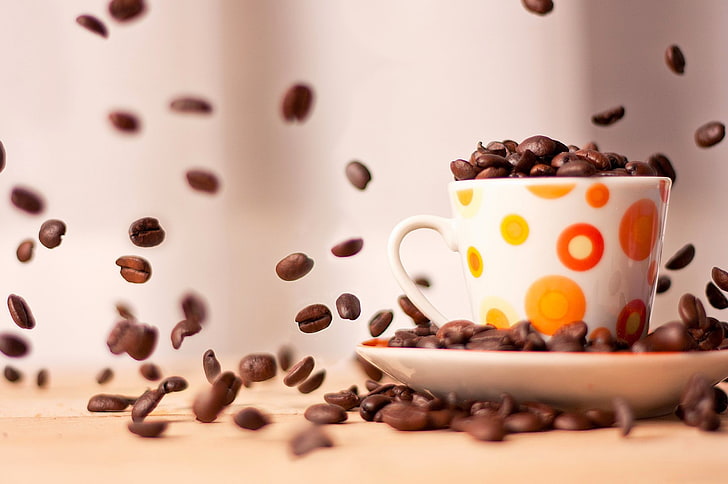white ceramic mug with coffee beans, food, food and drink, roasted coffee bean, HD wallpaper