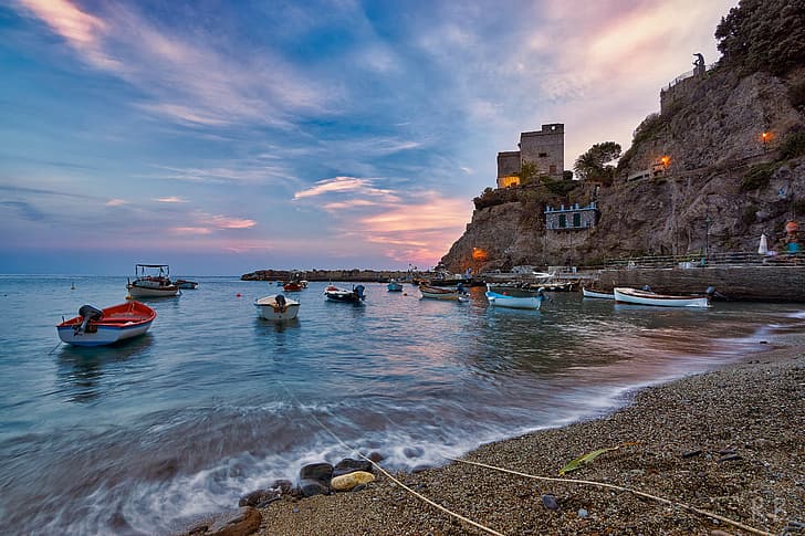 sea, landscape, rocks, boats, Italy, Monterosso al Mare, Liguria
