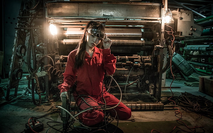 women's red jumpsuit, Asian, model, workers, industry, one person