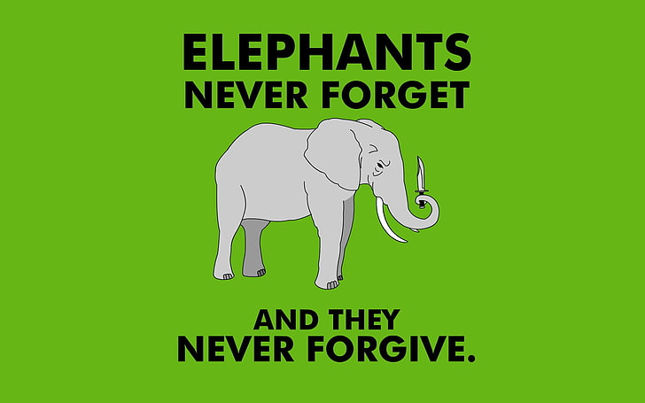 gray elephant illustration with black text on green background