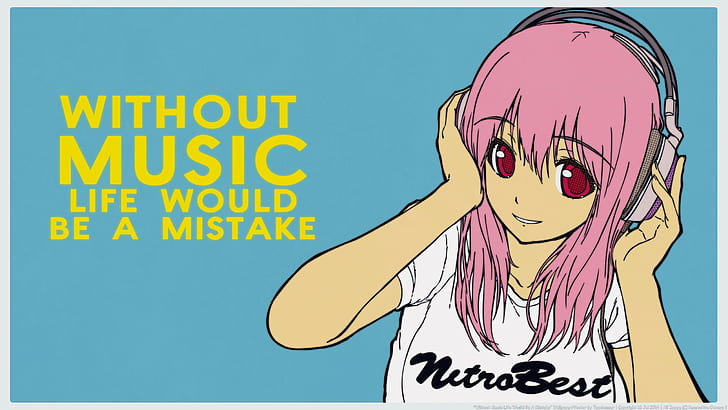 music, Super Sonico, headphones, anime girls, pink hair, text, HD wallpaper
