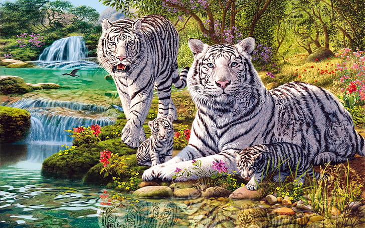 White Tiger Family Nature Jungle Stepfather Waterfall Flowers Photo Hd Wallpaper 2560×1600, HD wallpaper