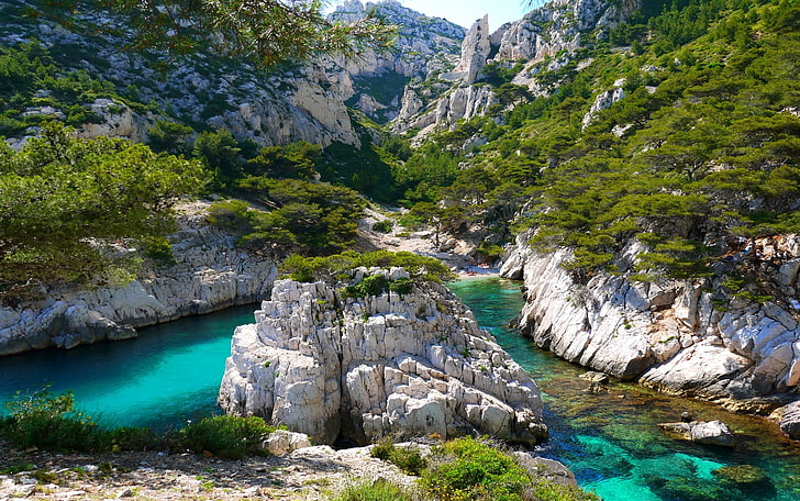 mountains, beach, coves, France, trees, water, rock, nature