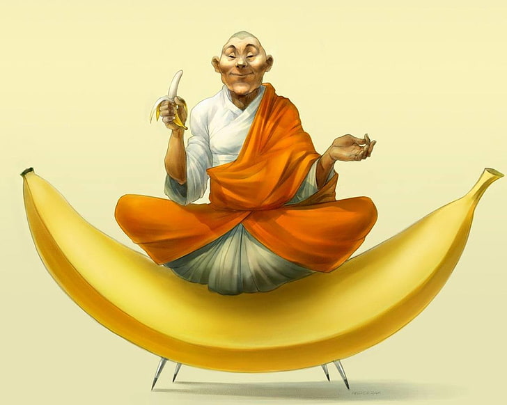 man sitting on banana fruit illustration, mood, figure, bananas, HD wallpaper