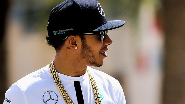 men's white top, Lewis Hamilton, Mercedes F1, headshot, portrait