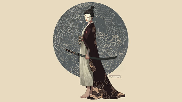 samurai, kimono, katana, weapon, tattoo, barefoot, fantasy art
