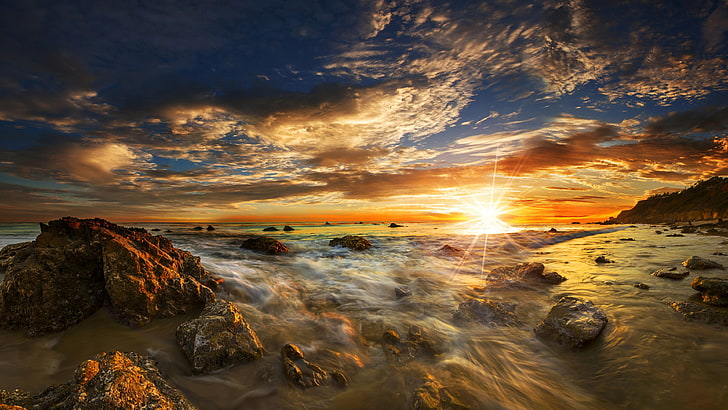 sunset, el matador state beach, horizon, pacific ocean, shore, HD wallpaper