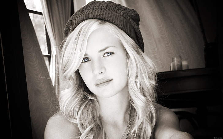 grayscale photo of woman with cap, blonde, Britt Robertson, actress